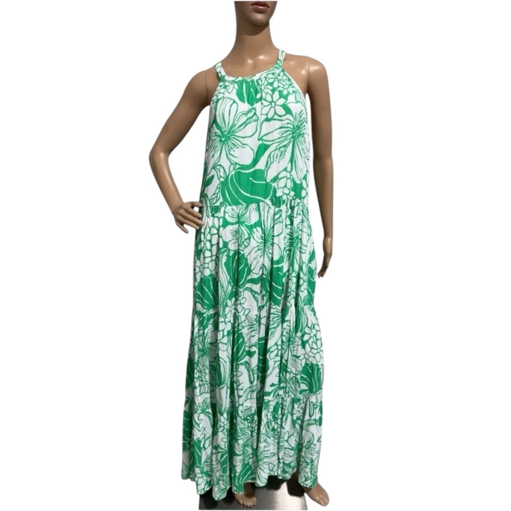 Lilly Pulitzer Green White Tropical Floral Maxi Dress Size L Sleeveless Resort - Picture 5 of 14